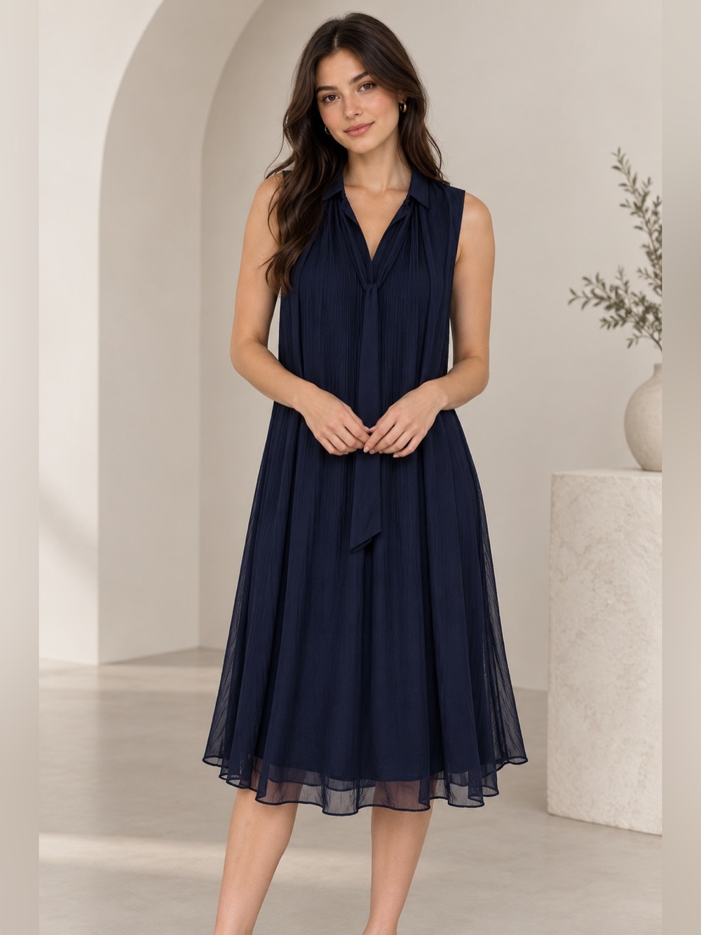 DKNY Navy Blue Sleeveless Pleated Midi Dress Size 2